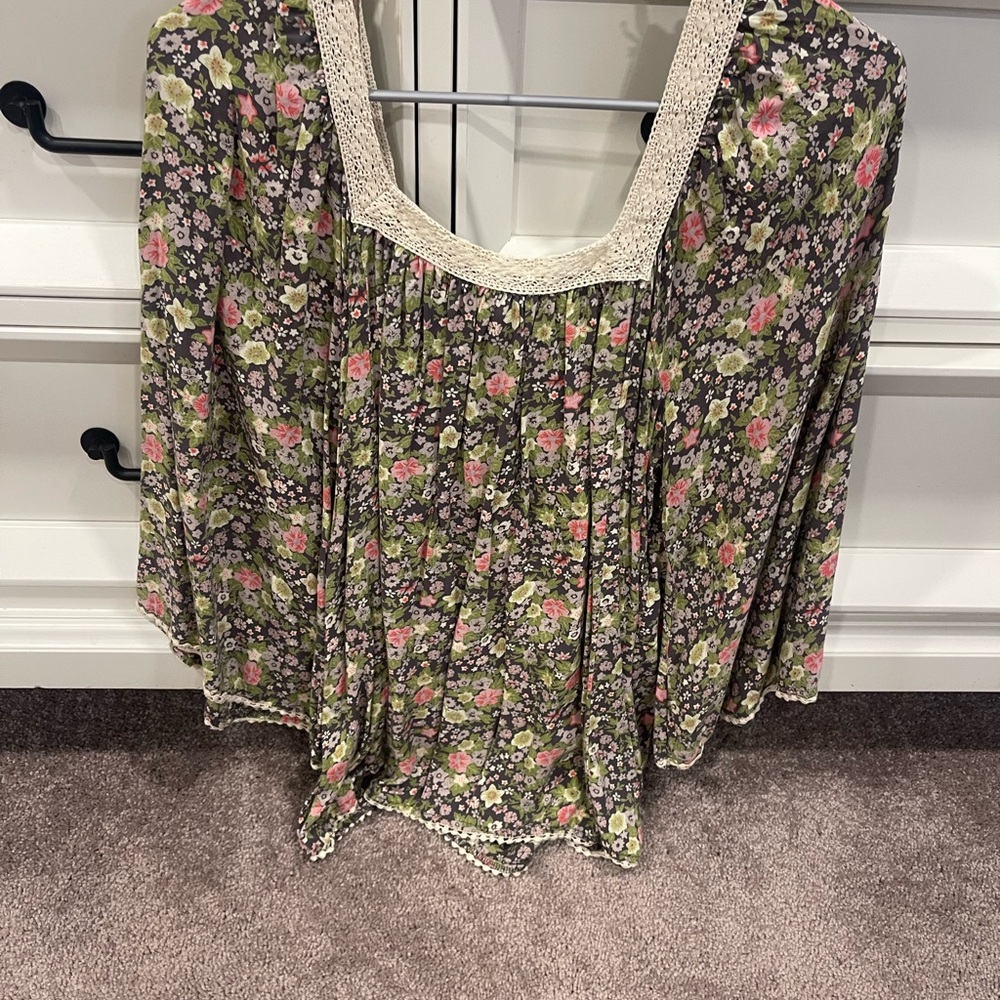 Decree Floral Blouse with Lace Trim - Green and Pink